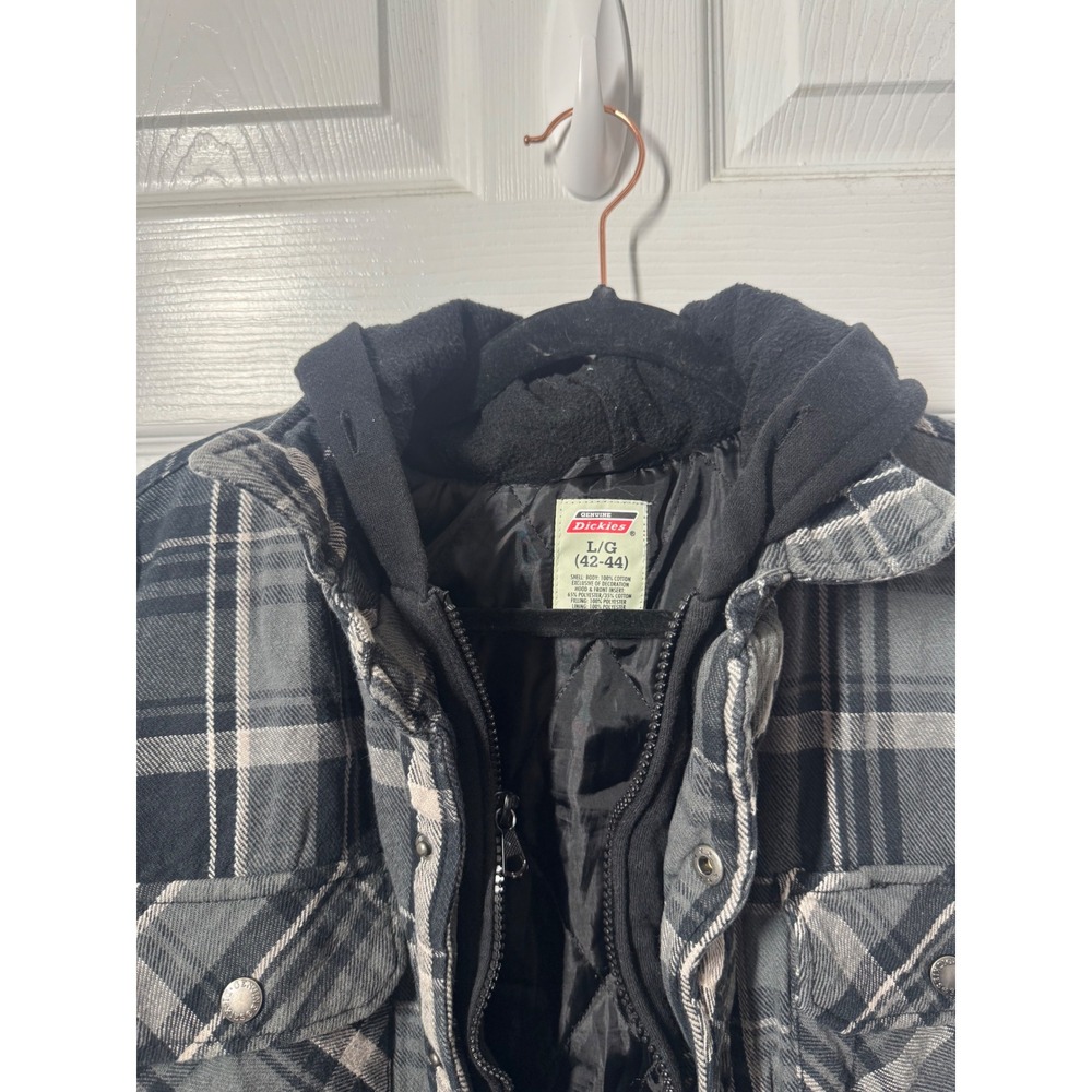 Genuine Dickies Hooded Flannel Shirt Jacket L Grey Black Plaid Quilted Vintage - Picture 2 of 7